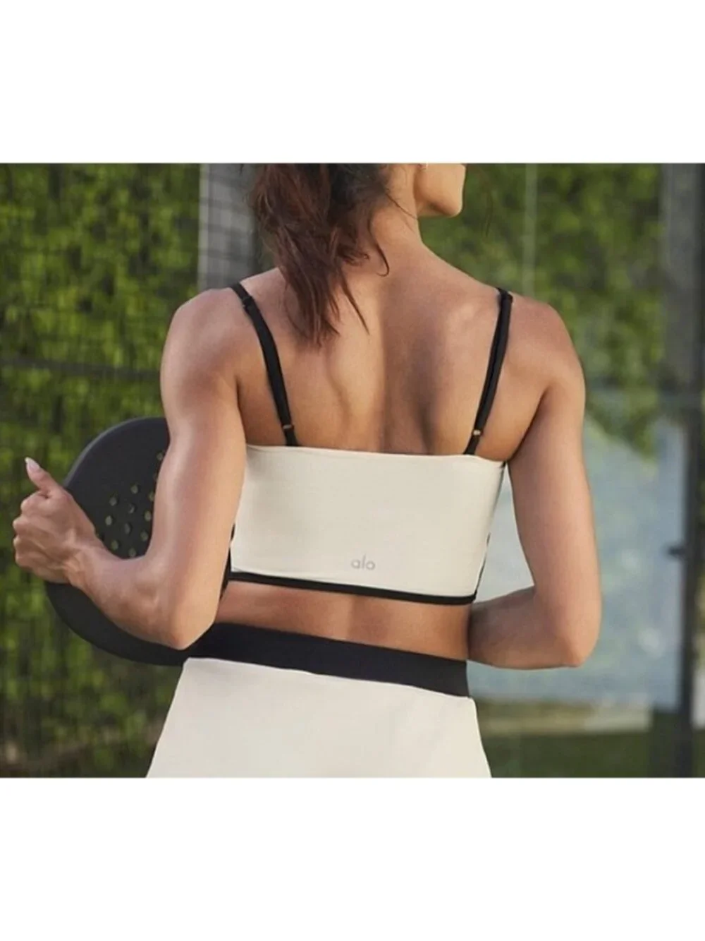 Alo Airbrush Streamlined Bra Tank Ivory Black Padded Sports Bralette Crop Top M